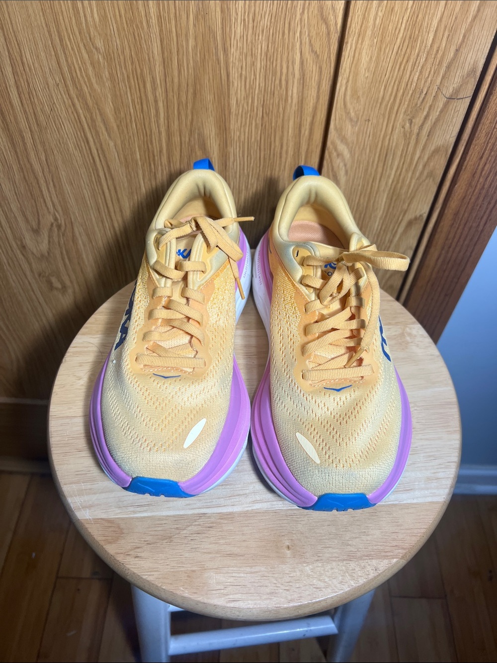 Hoka Women's Yellow Running Shoes with Purple Midsoles and Blue Details